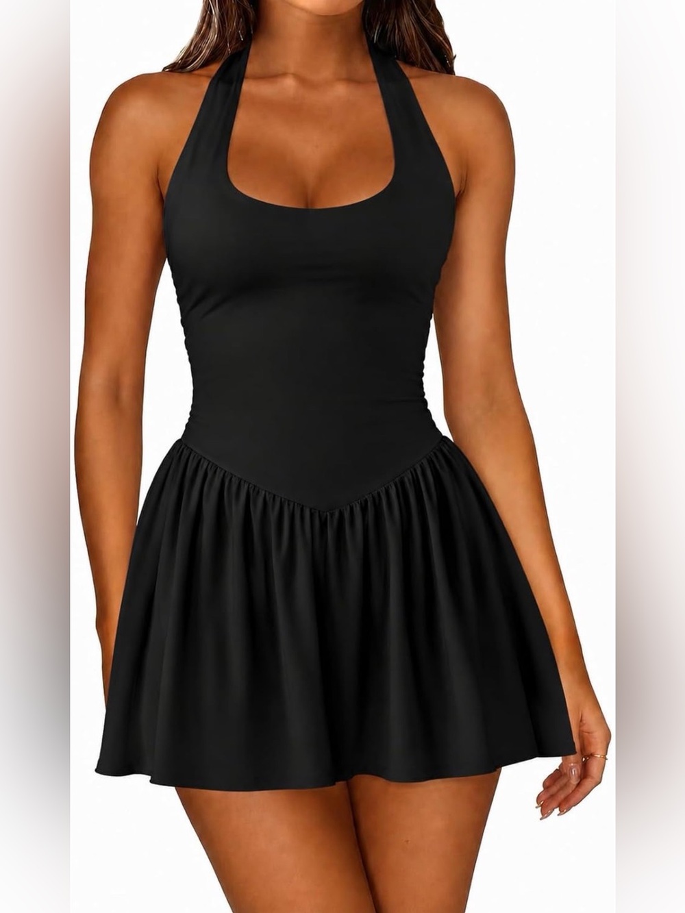 Women's Black Backless Halter Skater Dress  with shorts underneath
